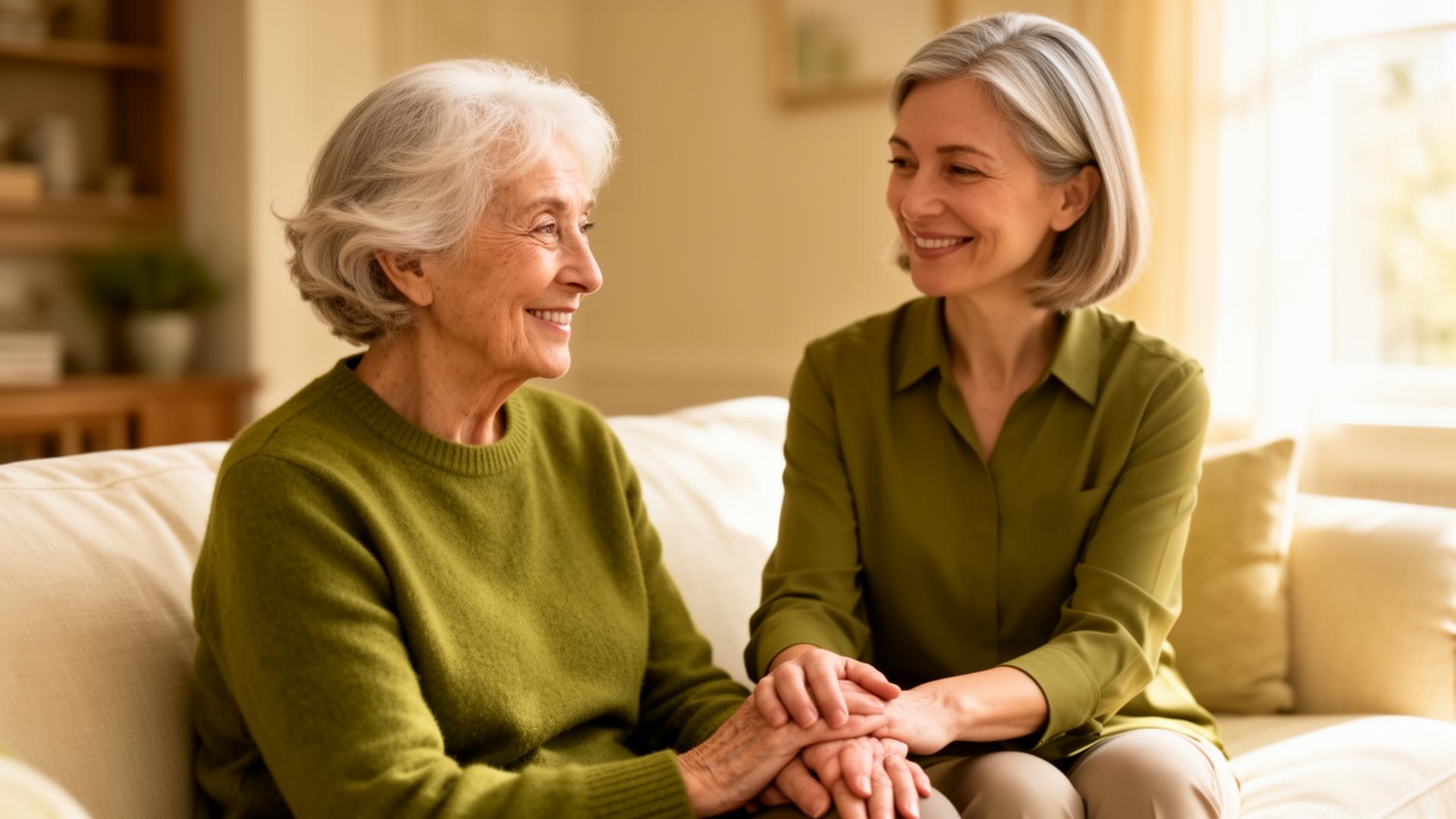 Caregiver holding the hands of a smiling senior woman